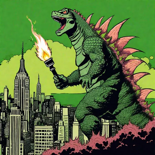 Prompt: in the style of Ukiyo-e, godzilla holding a torch, destroying New York, punk, rock, punkzilla, green colors, 