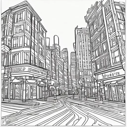 Prompt: Create A high resolution black and white line art coloring page of a city block