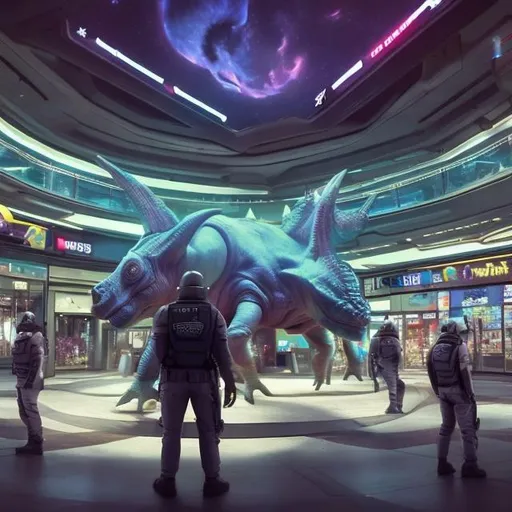 Prompt: Triceratops security guards in a busy alien mall, widescreen, infinity vanishing point, galaxy background, surprise easter egg