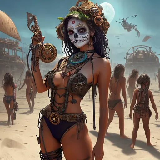 Prompt: day of the dead, steampunk female wearing a swimsuit at a beach party, photo followed by other female, drinking a mojito, ultra high detail, hyper realistic, realistic concept art. sense of awe and scale, in the art style of Filip Hodas, a grimdark dystopian post-apocalyptic style