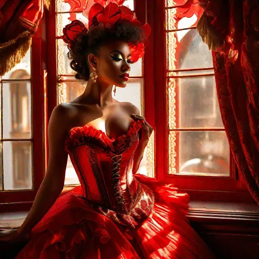 Prompt: A model poses in a 20th century corset and ruffled red gown, masquerade mask, sunlight from a nearby window caressing her golden brown skin and lighting up intricate red brocade detailing. In the style of Mark Laita.