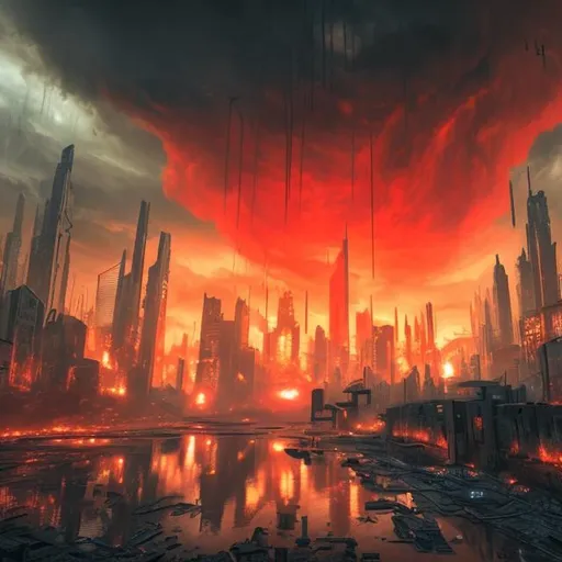 Prompt: Dystopian city on fire