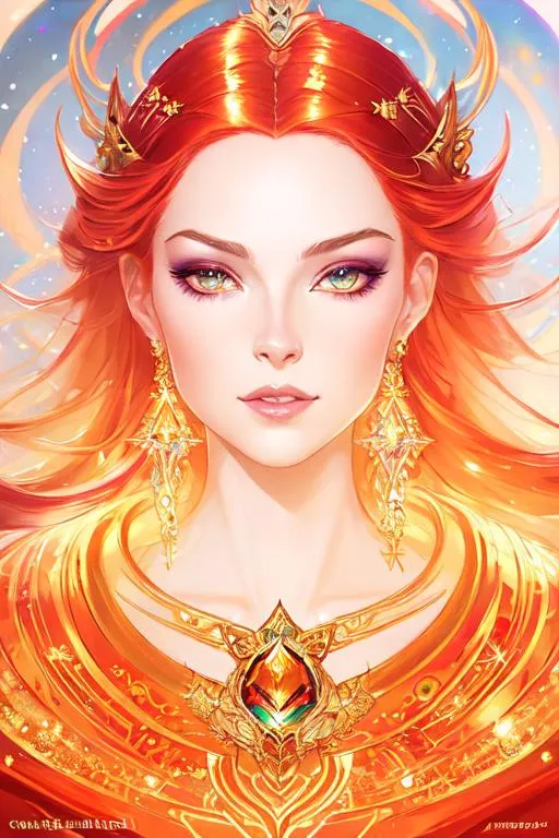 Prompt: a close up portrait of An intergalactic beautiful empress, beautiful symmetrical face, silky gradient red hair hair, golden eyes, wearing a exquisite gown with delicate intricate details, shimmer, glow. Art by  stanley artgerm, peter mohrbacher, Clint cearley, Brian Froud, rossdraws, guweiz, wlop, ilya kuvshinov, Charlie bowater, Laura Diehl, makoto shinkai. painting by daniel f gerhartz, art by Andrew Atroshenko and Edouard Bisson. highly detailed, sharp focus, ethereal, fantastic view, dreamy, Epic, celestial, sparkling, glossy, light emitting,  inner light.

