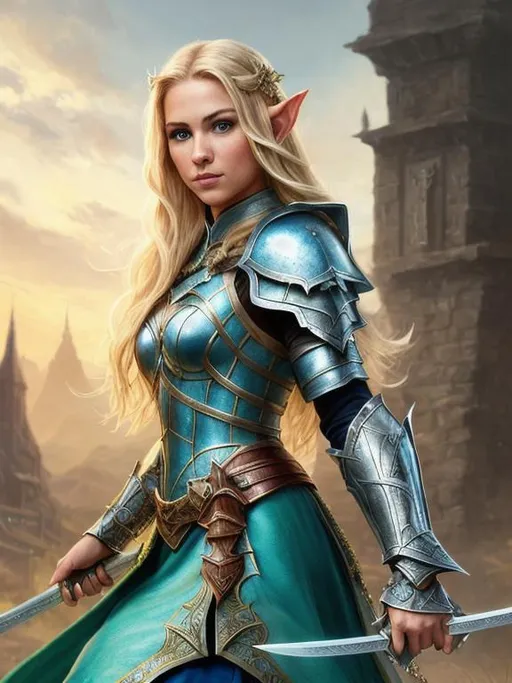 Prompt:  detailed fantasy character portrait, highly detailed, cinematic lighting, digital painting, concept art, sharp focus, full character view, illustration, very detailed, detailed face, female elf warrior, she has flowing blond hair, she has green eyes, she is very beautiful, she is wearing sea blue dress with silver armor over it, she is holding a intricate sword, she is standing by the ocean.