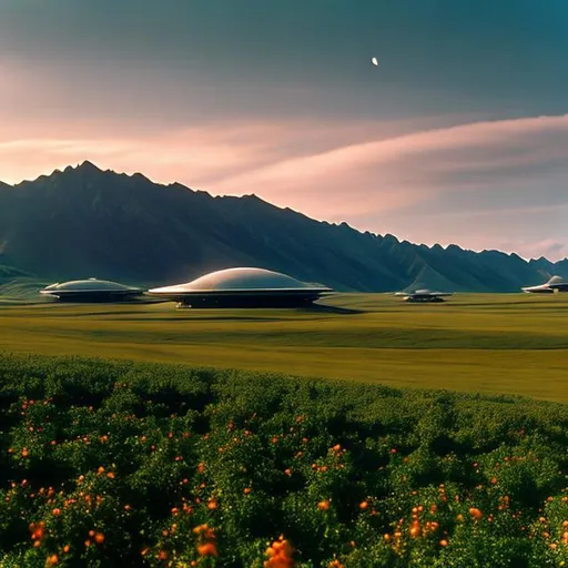 Prompt: a beautiful vista of rolling hills and alien flowers, with one prefabricated building, in the style of Star Trek. {Star Trek: The Next Generation}