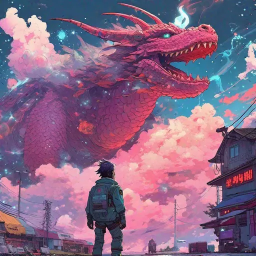 Prompt: style of Takehiko Inoue, Simon Stalenhag,Laurie Greasley, A Galactic dragon sorounded by swirling nebula clouds, dystopian, ultrarealistic, highly detailed, trending on artstation, hdr, 4k, 8k, absurdres, cosmic, dystopian