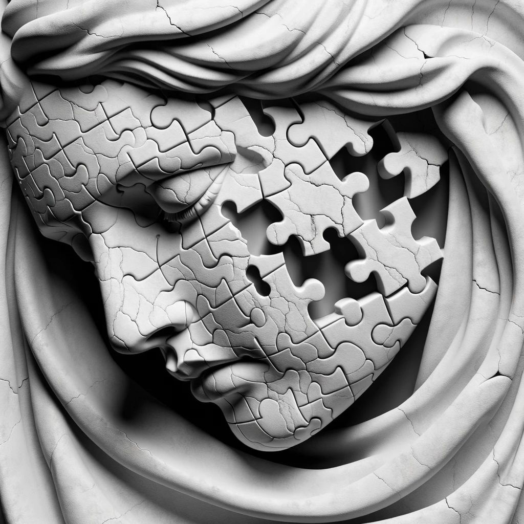 Prompt: 3D visualization of a woman's face, crafted using fractal techniques. The design is inspired by the era of melancholic symbolism, capturing the essence of cracked stone sculptures. Sections of the face resemble puzzle pieces, emphasizing humanistic empathy. The artwork is depicted in a stark black and white palette, with a draped or slumped demeanor.