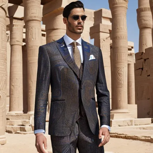 Prompt: men's suit filled with pharaonic inscriptions mixed with a modern cut with Italian elegance