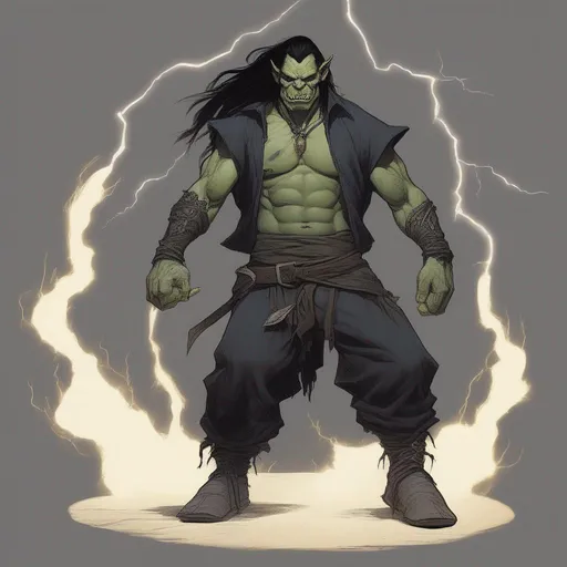 Prompt: dnd a male orc sorcerer with half shaved half long black hair with black tattoos on his chest wearing simple black pants in front of a lightning bolt