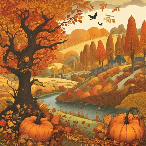 Prompt: "Autumn Landscapes as witch's familiar illustrated in full colour and showing their magical properties in diagrams"