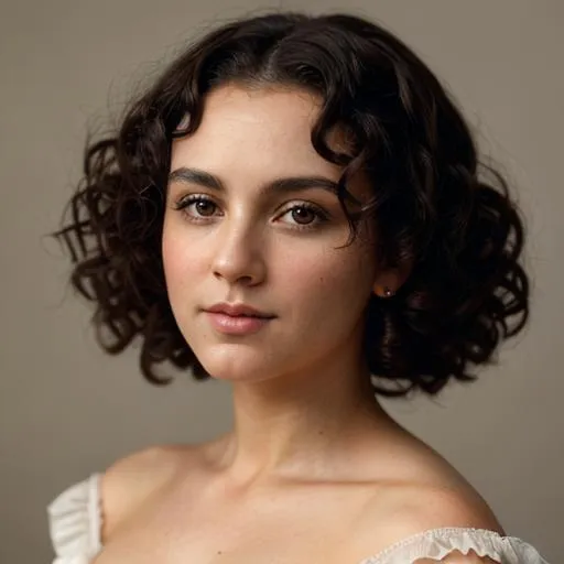 Prompt: An attractive 35 year old woman with very curly hair, elegant, Victorian era, 19th century, facial closeup