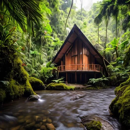 Prompt: A wooden triangular house in the middle of the rain forest and small stream flowing.