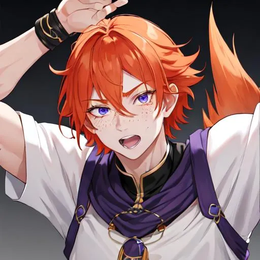 Prompt: Erikku male (short ginger hair, freckles, right eye blue left eye purple) muscular, UHD, 8K, Highly detailed, insane detail, best quality, high quality. hands in the air, as a gangsta