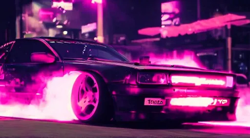 drift car drifting around a tire stack 4k night time