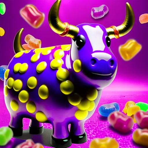 Prompt: Bright purple bull surrounding by falling candy, color pop bright colors painting ultra realistic, museum 4k