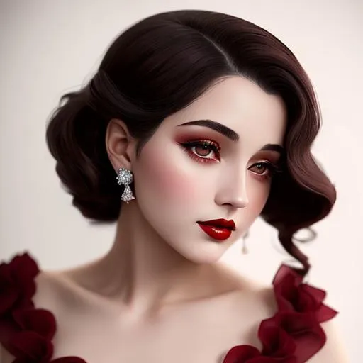 Prompt: 1920's female with dark brown eyes perfect cherry red lips wearing a very beautiful formal gown