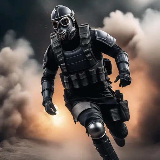 Prompt: A modern roman military male in black military roman armor, and gas mask, running, background sci fi war, Hyperrealistic, sharp focus, Professional, UHD, HDR, 8K, Render, electronic, dramatic, vivid, pressure, stress, nervous vibe, loud, tension, traumatic, dark, cataclysmic, violent, fighting, Epic