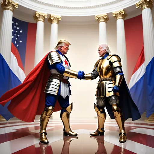 Prompt: one Donald Trump and one Joe Biden, they wear medieval armor with their own name, they are fighting inside the U.S. Senate, Russian president Putin is nearby, many other senators are watching this fight, a USA flag is at the top of image