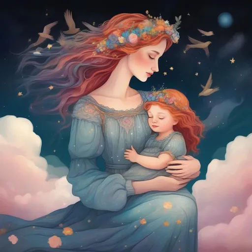 Prompt: A colourful and beautiful Persephone, stars and gems in her hair and her hair is made of clouds. She is lovingly holding her daughter. In a beautiful flowing dress made of wildflowers. Surrounded by birds and clouds. Framed by a nighttime sky of clouds. in a painted style