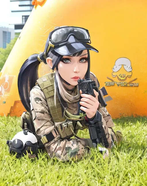 Prompt: beautiful woman , tactical vest, splatoon characters mixed with battlefield characters,Inkopolis Plaza background, military young, long black straight hair, exquisite detail,wearing shorts, posing, pale skin, cute face, 4k, makeup, (high detailed face:1.3), perfect hands, fresh face, artstation, fit, (realistic:1.5),ultra-detailed, masterpiece, highest qualityultra realistic leather, hyper detailed, ultra sharp, trending on artstation, stock photo, colorful, ornate, intricate, digital painting, concept art, smooth, sharp focus, illustration, 8k, photorealistic, art by luis royo