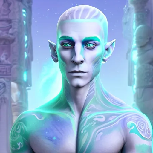 Prompt: a Second Life male avatar with fair skin, he has white hair in a messy bun, he has a chest tattoo that says Satan, he has a Greek nose, he has a strong jawline, he has dimples and dimple piercings, his eyes are sunken and dark, his eye color is blue