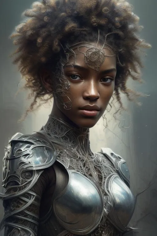 Prompt: 8k portrait of beautiful blonde female knight, curly hair, dark skin, african facial features, intricate, elegant, highly detailed, majestic, digital photography, art by artgerm and ruan jia and greg rutkowski surreal painting silver filigree, broken glass, (masterpiece, sidelighting, finely detailed beautiful eyes: 1.2), hdr,
