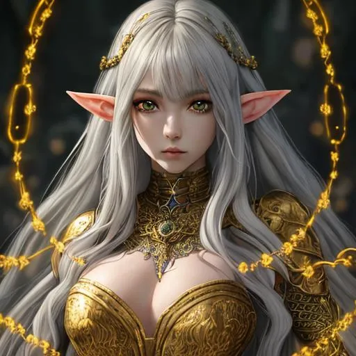 Prompt: Full body, oil painting, fantasy, anime portrait of a female elf, long curly light gray hair, wearing intricate chainmail surrounded by monsters, #3238, UHD, hd , 8k eyes, detailed face, big anime dreamy eyes, 8k eyes, intricate details, insanely detailed, masterpiece, cinematic lighting, 8k, complementary colors, golden ratio, octane render, volumetric lighting, unreal 5, artwork, concept art, cover, top model, light on hair colorful glamourous hyperdetailed medieval city background, intricate hyperdetailed breathtaking colorful glamorous scenic view landscape, ultra-fine details, hyper-focused, deep colors, dramatic lighting, ambient lighting god rays, flowers, garden | by sakimi chan, artgerm, wlop, pixiv, tumblr, instagram, deviantart