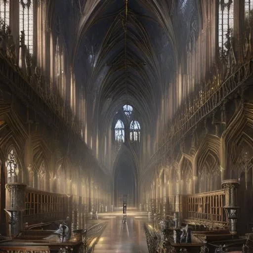 Prompt: \'Dreaming The Gothic Library\', a beautiful fantasy painting by greg rutkowski and Santeri Soininen, trending on artstation, ultra realistic digital portrait, 8k, world class painting, floor to ceiling bookshelves