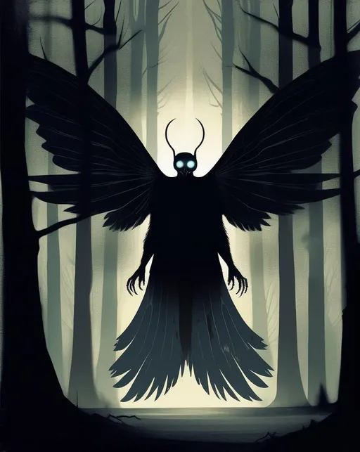 Prompt: An eerie digital illustration portraying the folklore legend Mothman, emerged from the shadows of a dark forest, (((eyes glowing))) ominously as he spreads his ((giant wings)). Sinister mood enhanced through muted tones, heavy shadows and dramatic backlighting. Painted in a moody, tension-filled style.