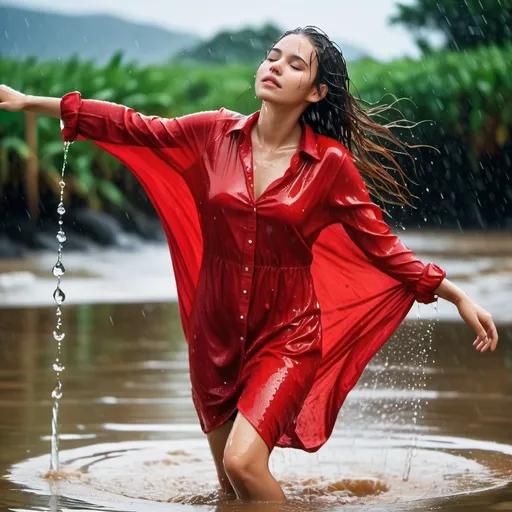 Prompt: photo of young woman, soaking wet clothes, None, Red shirt dress, Red shirt dress,  , Sea,   enjoying, water dripping from clothes, clothes stuck to body,  detailed textures of the wet fabric, wet face, wet plastered hair,  wet, drenched, professional, high-quality details, full body view 