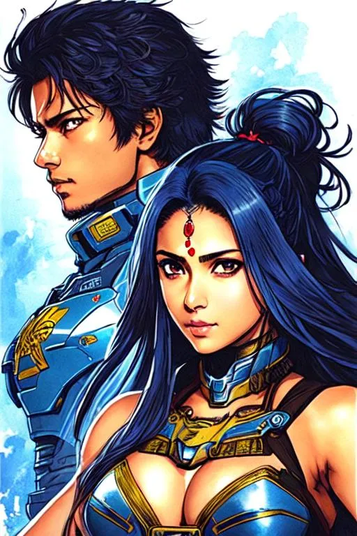 Prompt: 1man 1woman (((Yoji Shinkawa))), sticker of ultra detailed portrait of Enrique Inglies and Sadaf Mohammed Sayed  (Indian actress who mainly appears in Telugu, Tamil, and Kannada films)in dark blue holy armor, canon robotic hand, blue long hair, high quality cell shaded illustration in post apocalyptic style by Yoji Shinkawa, ((full body portrait)), dynamic pose, perfect anatomy, centered, freedom, soul, blue long hair, approach to perfection, cell shading, 4k , cinematic dramatic atmosphere, watercolor painting, global illumination, detailed and intricate environment, artstation, concept art, fluid and sharp focus, volumetric lighting, cinematic lighting, Art by Yoji Shinkawa,