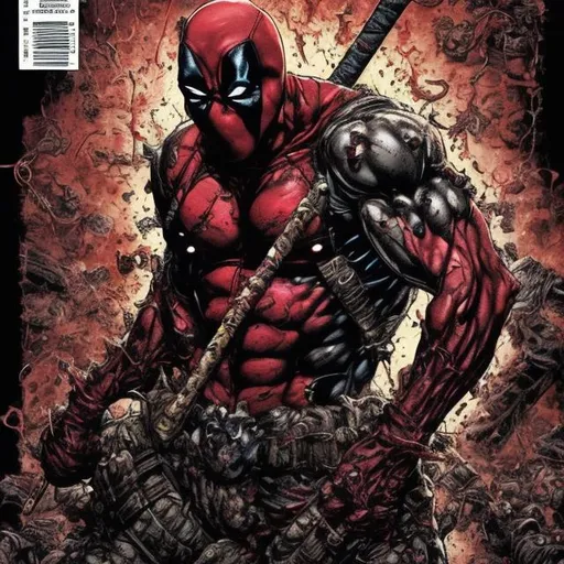 Prompt: Todd McFarlane Spawn Deadpool variant. muscular. dark gritty. Bloody. Hurt. Damaged. Accurate. realistic. evil eyes. Slow exposure. Detailed. Dirty. Dark and gritty. Post-apocalyptic. Shadows. Sinister. Intense. 