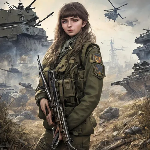 Prompt: natalia andreeva as a ukraine female soldier, highly detailed, high resolution, military camp in the background, the front of a modern trading card, illustration, character concept art, stunning, girls frontline style, matte, 100mm, by japanese artist shibafu, realistic human anatomy, realistic military carrier, modern warfare, realistic gun design, digitally draw on wacom tablet, low saturation, small eyes, hard surfaces, full body frontal, ukraine flag, bodysuit