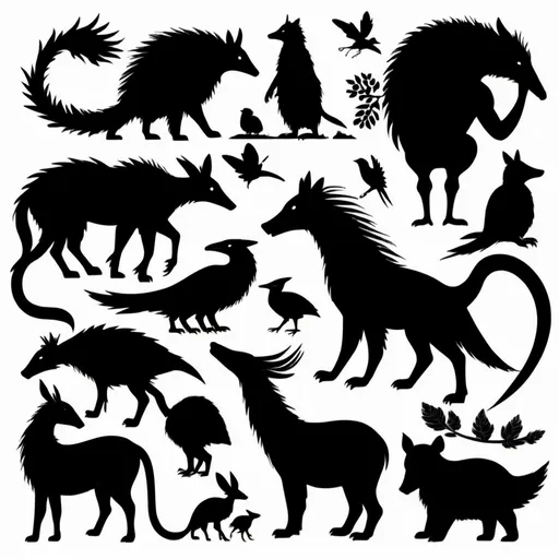 Prompt: animal figures from the fairy tale about the teremok, outline, silhouette