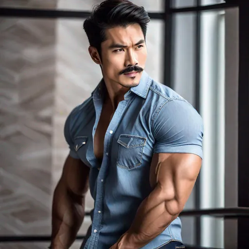 Prompt: Professional full-body photoshoot of a gorgeous, muscular, male Asian model with a mustache and stubble, wearing a short-sleeve button-up shirt and jeans, flexing his biceps, hyperdetailed {symmetrical eyes}, {defined shredded musculature, broad shoulders}, {sultry romantic}, center frame, studio light, intricate detail, best quality, uhd, 8k, symmetry  