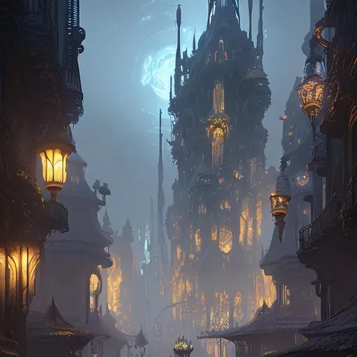 Prompt: extreme long shot concept art depicted art nouveau fantasy city, holy town, light fantasy, arcanepunk, arcane yellow and silver glow, dark ambiance, art by Cédric Peyravernay and Jules Lavirotte
