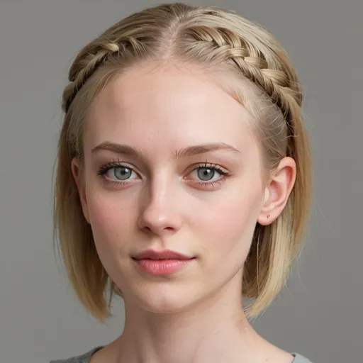 Prompt: Women around 25 years old. She has a feline like face. Very long in face shape and very skinny features. Her lips of her mouth are very skinny. She is peachy pale skin. She has light grey eyes. She has sandy blonde hair. Her hair is a short bob with an undercut. She has her hair braided on only one side of her head