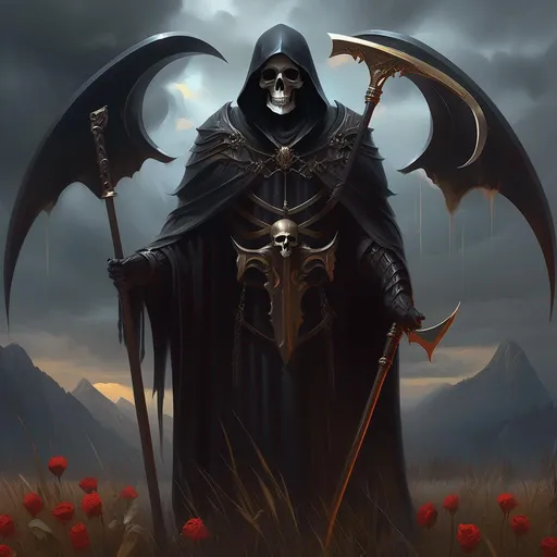 Prompt: Heraldry, god of death, grim reaper, scythe, Greg Rutkowski, full hd, high quality, 4k, trending on artstation, oil painting, symmetrical, fantasy