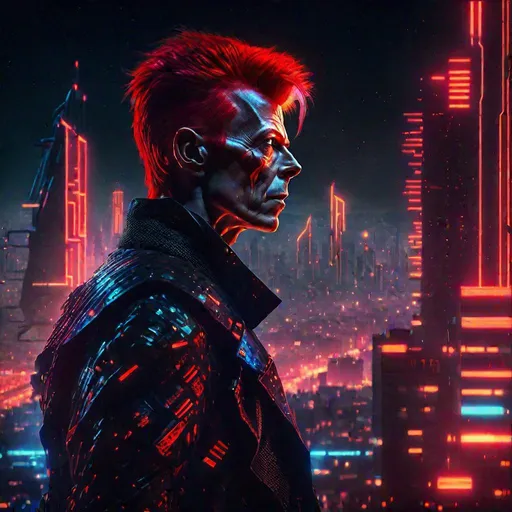 Prompt: You better not mess with Major Tom cyberpunk David Bowie with short red hair looks slyly, nightmarish cityscape, glowing light, 8k resolution