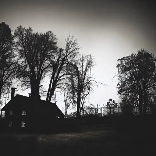 Prompt: haunted house, scary, night, black, dark, fog