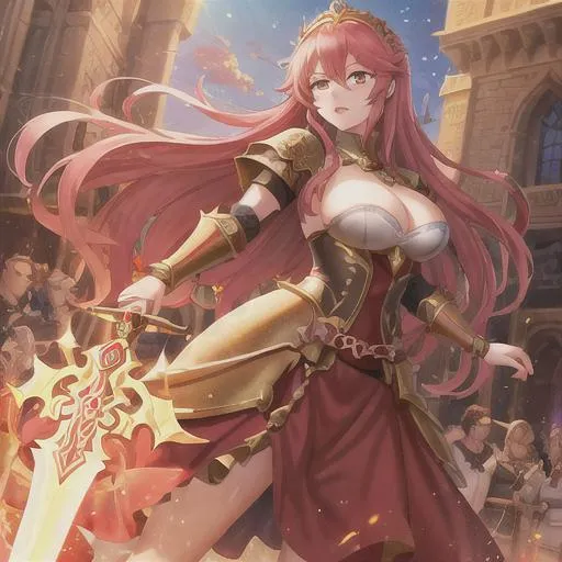 Prompt: Fire Emblemed style art, A Queen who who is swinging a large ornate sword in front of a castle, wearing metal armor, heroic High fantasy art, high detail, vibrant colors, UHD, HD, 4k