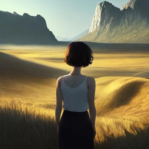 Prompt: beautiful girl with landscape in the background, short hair, 4k, hd, shadows, lighting