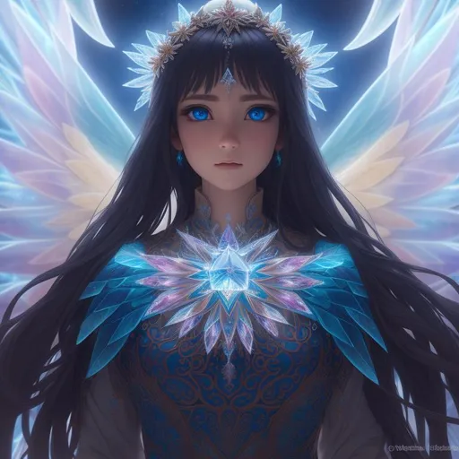 Prompt: frozen fractal deity, crystal wings, symmetrical, soft lighting, UHD, hd , 8k eyes, detailed face, big anime dreamy eyes, 8k eyes, intricate details, insanely detailed, masterpiece, cinematic lighting, 8k, complementary colors, octane render, volumetric lighting, unreal 5, artwork, colorful glamourous hyperdetailed background, ultra-fine details, hyper-focused, deep colors, dramatic lighting, ambient lighting god rays, by makoto shinkai, stanley artgerm lau, wlop, rossdraws, full body