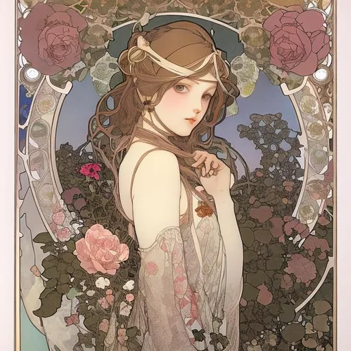 Prompt: a girl in a garden with roses, by mucha and murata range, art noveau, 