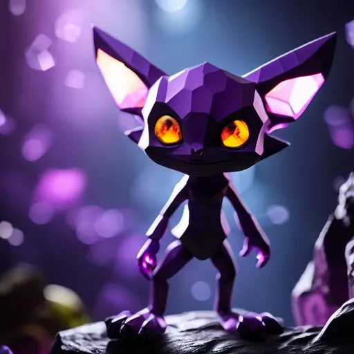 Prompt: Small purple humanoid figure, long pointy ears, large hexagon shaped gems for eyes, a large mouth with small pointy teeth, three fingers on each hand and three toes on each foot, short limbs, crouched stance, purples and blues, dim lighting, cave, spooky, goblin like, dark, smooth skin, crystals, genderless, smokey, in a pokemon anime style 