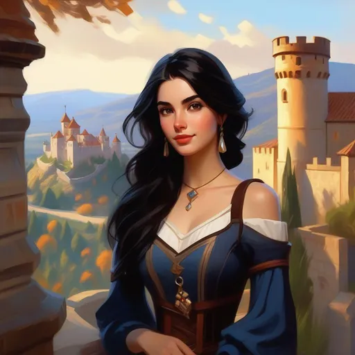 Prompt: Third person, gameplay, Castilian girl, pale skin, black hair, brown eyes, castle in the background, warm atmosphere, cartoony style, extremely detailed painting by Greg Rutkowski and by Henry Justice Ford and by Steve Henderson 

