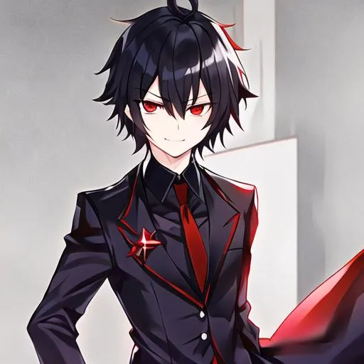 Prompt: Damien (male, short black hair, red eyes) stalking someone, with sadistic look on his face