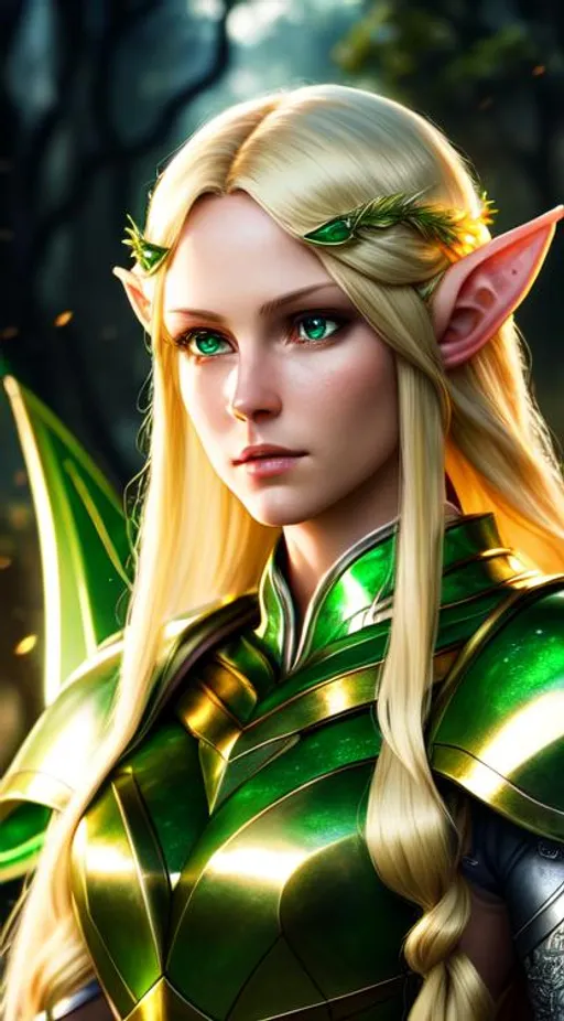 Prompt: HDR, raytracing, radiosity, RTX, 16K, Best quality, masterpiece, highly detailed, intricate, Elven maiden, tall, long light blonde hair, emerald green eyes, silver magical battle armour, teardrop, tragic, sad, beautiful, mysterious 

