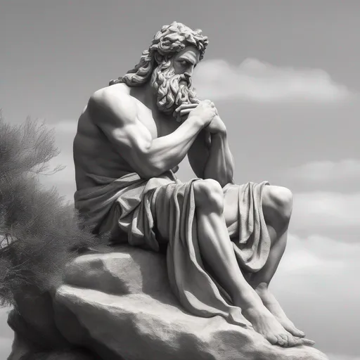 Prompt: Greek God sitting on a rock in a thinking position