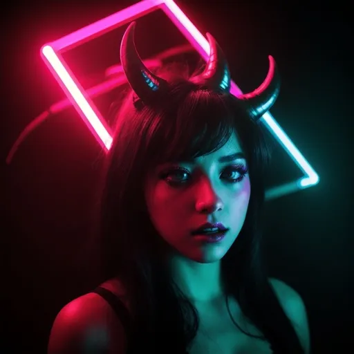 Prompt: beautiful female demon, hell, demonic, vaporwave, retro, neon, aesthetic, liminal, high quality, high definition, beautiful, dramatic lighting